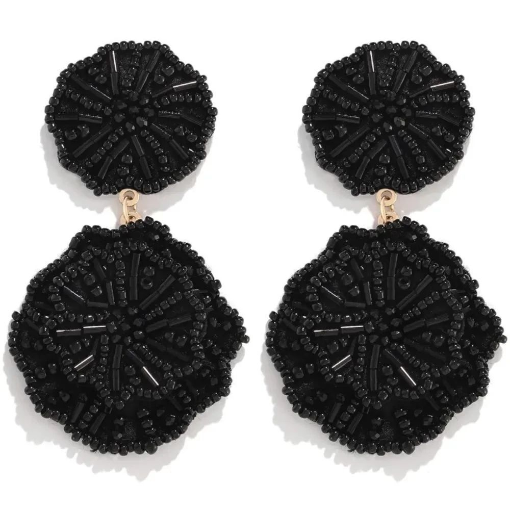 Black Beaded Double Flower Boho Dangling Drop Statement Post Back Earrings
